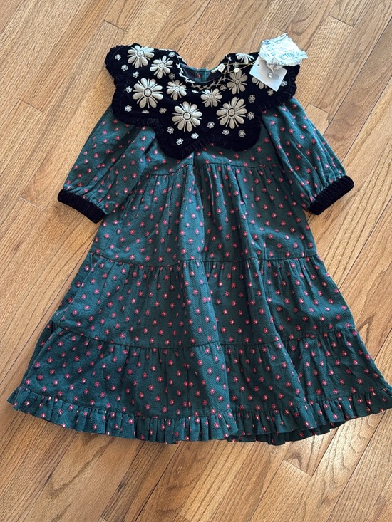 bonjour Other - Girls Green Floral Tiered Dress with Embroidered Black Scalloped Yoke